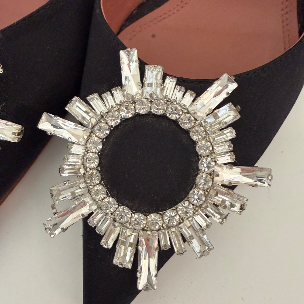Amina Muaddi Black Crystal Sunburst Slingback Pumps - Picture 11 of 11